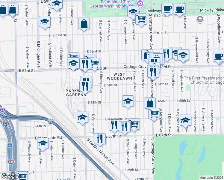 map of restaurants, bars, coffee shops, grocery stores, and more near 6415 South Rhodes Avenue in Chicago