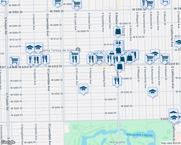 map of restaurants, bars, coffee shops, grocery stores, and more near S Homan Ave & W 63rd Pl in Chicago