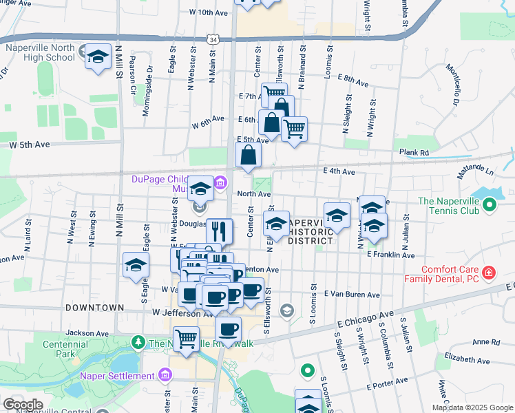 map of restaurants, bars, coffee shops, grocery stores, and more near 214 Center St in Naperville