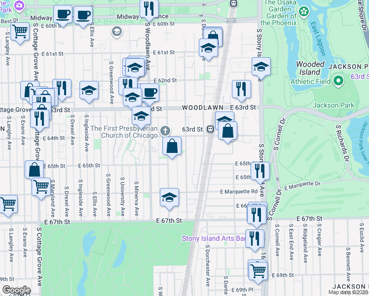 map of restaurants, bars, coffee shops, grocery stores, and more near 6422 South Kenwood Avenue in Chicago