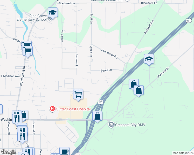 map of restaurants, bars, coffee shops, grocery stores, and more near 438 Cummins Lane in Crescent City