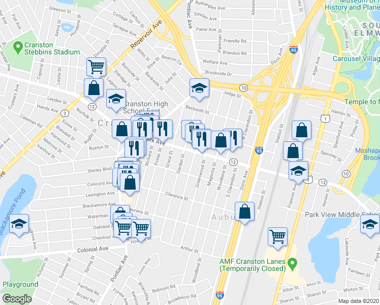 map of restaurants, bars, coffee shops, grocery stores, and more near 758 Park Avenue in Cranston