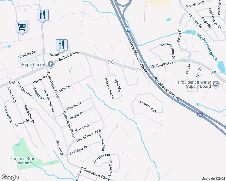 map of restaurants, bars, coffee shops, grocery stores, and more near 37 Regal Way in Cranston