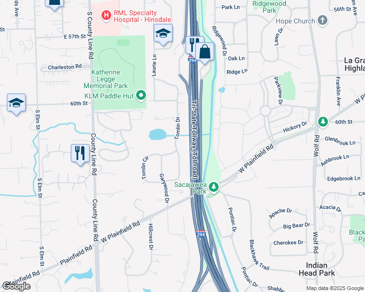 map of restaurants, bars, coffee shops, grocery stores, and more near 1457 Tomlin Drive in Burr Ridge