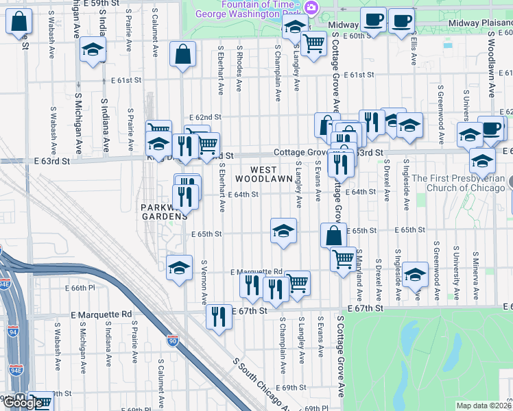map of restaurants, bars, coffee shops, grocery stores, and more near 6416 South Saint Lawrence Avenue in Chicago