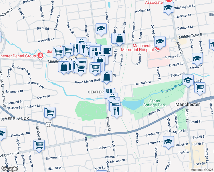 map of restaurants, bars, coffee shops, grocery stores, and more near 319 Broad Street in Manchester