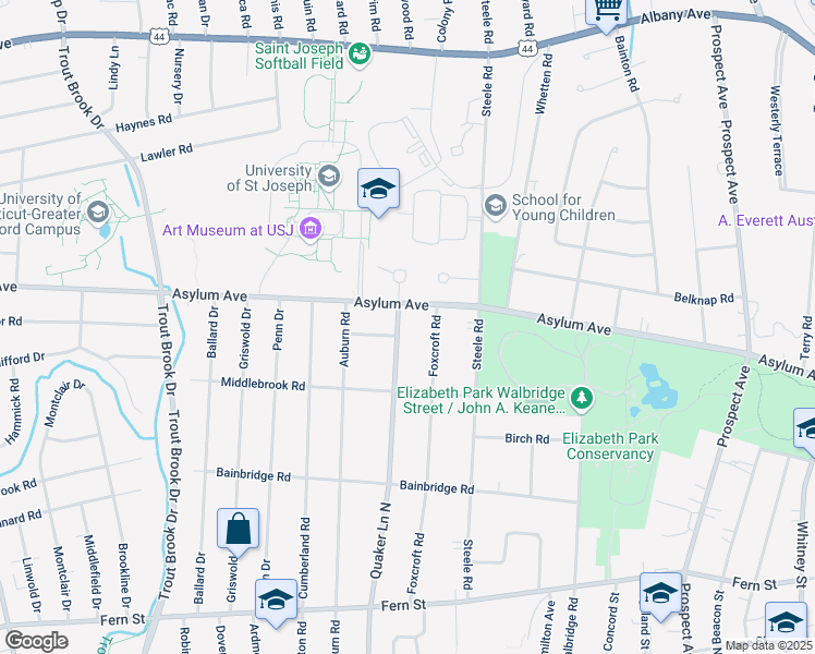 map of restaurants, bars, coffee shops, grocery stores, and more near 388 Quaker Lane North in West Hartford