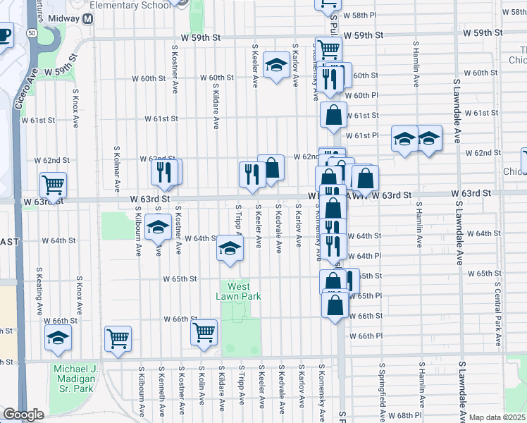map of restaurants, bars, coffee shops, grocery stores, and more near 6319 South Keeler Avenue in Chicago