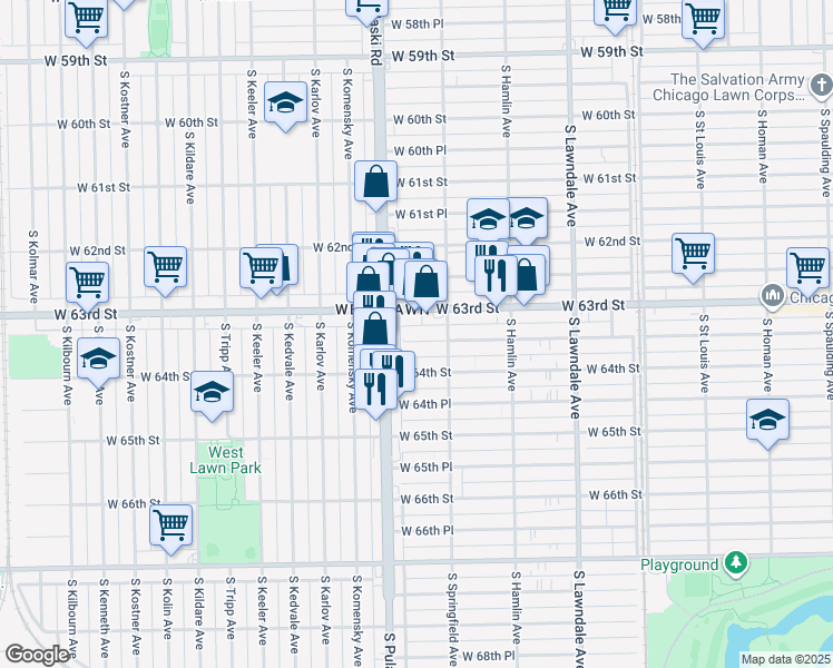 map of restaurants, bars, coffee shops, grocery stores, and more near 3928 West 63rd Place in Chicago