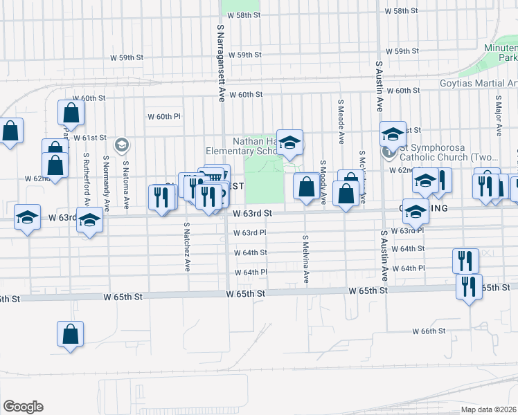 map of restaurants, bars, coffee shops, grocery stores, and more near 6248 West 63rd Street in Chicago