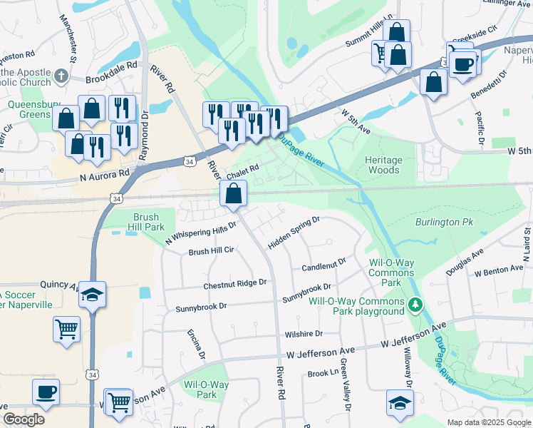 map of restaurants, bars, coffee shops, grocery stores, and more near 1215 Whispering Hills Court in Naperville
