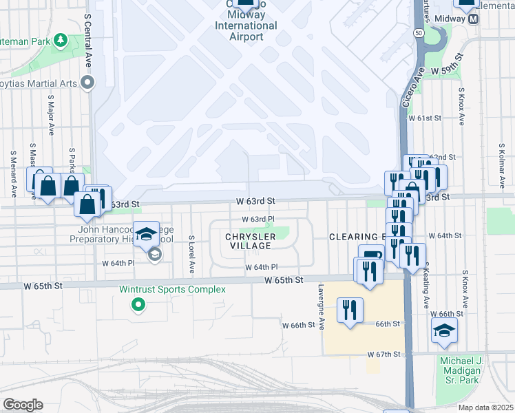 map of restaurants, bars, coffee shops, grocery stores, and more near 5151 West 63rd Street in Chicago