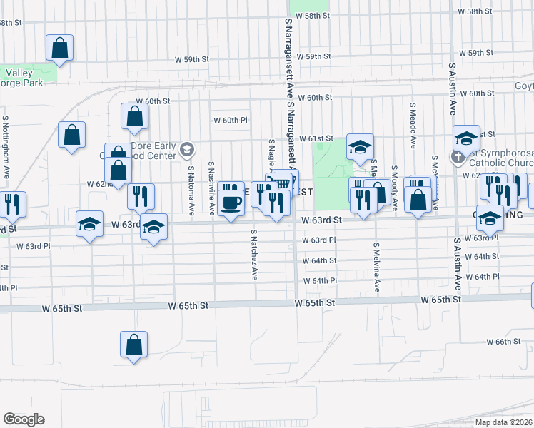 map of restaurants, bars, coffee shops, grocery stores, and more near 6434 West 63rd Street in Chicago