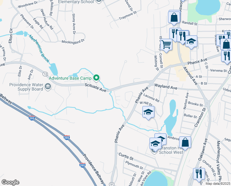 map of restaurants, bars, coffee shops, grocery stores, and more near 156 Scituate Avenue in Cranston