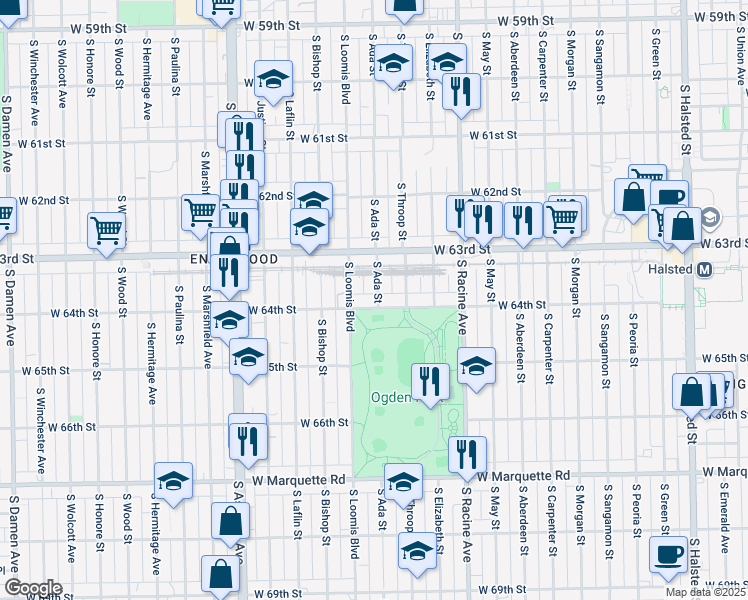 map of restaurants, bars, coffee shops, grocery stores, and more near 1346 West 64th Street in Chicago