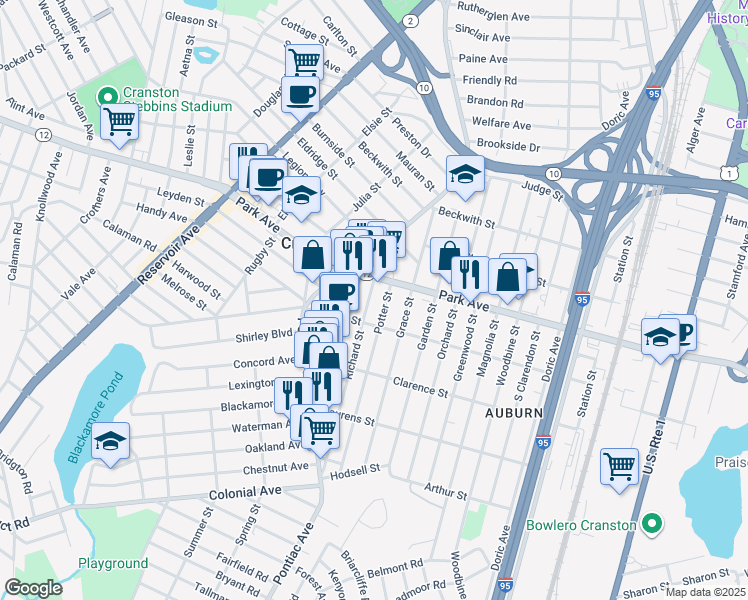 map of restaurants, bars, coffee shops, grocery stores, and more near 19 Potter Street in Cranston