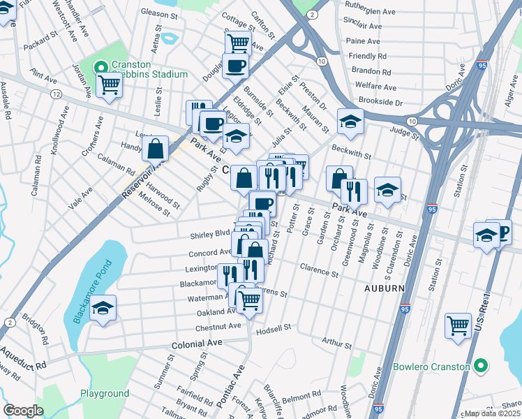 map of restaurants, bars, coffee shops, grocery stores, and more near 25 Rolfe Square in Cranston
