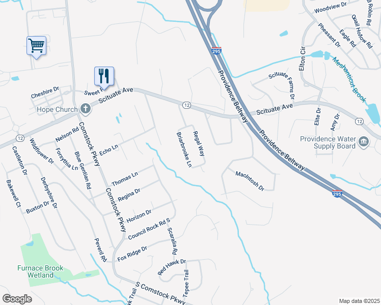 map of restaurants, bars, coffee shops, grocery stores, and more near 37 Regal Way in Cranston