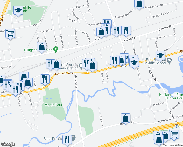 map of restaurants, bars, coffee shops, grocery stores, and more near 505 Burnside Avenue in East Hartford