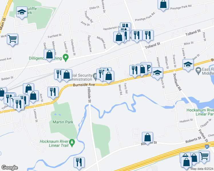 map of restaurants, bars, coffee shops, grocery stores, and more near 505 Burnside Avenue in East Hartford