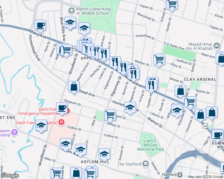 map of restaurants, bars, coffee shops, grocery stores, and more near 365 Sigourney Street in Hartford