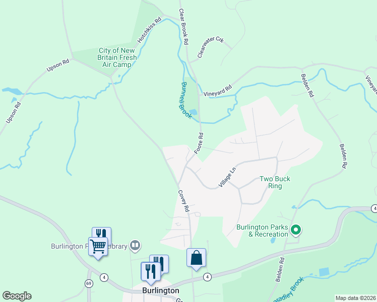 map of restaurants, bars, coffee shops, grocery stores, and more near 2 Village Lane in Burlington