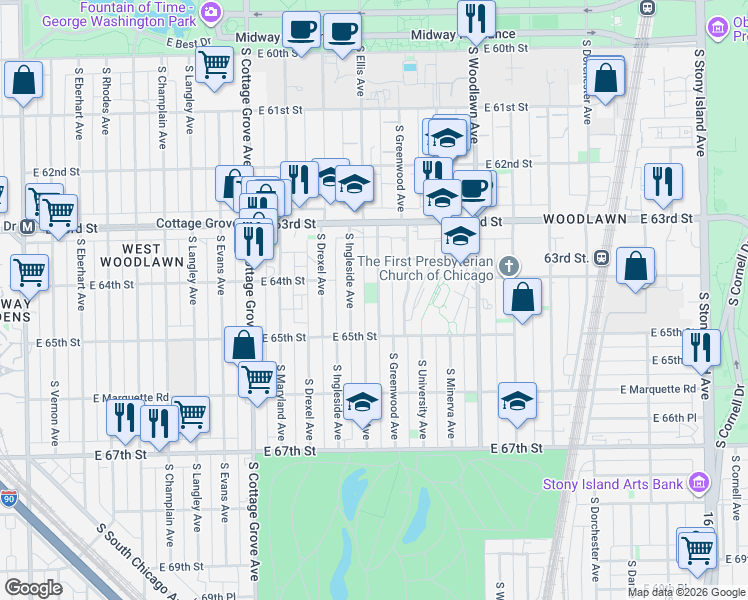 map of restaurants, bars, coffee shops, grocery stores, and more near 6421 South Ellis Avenue in Chicago