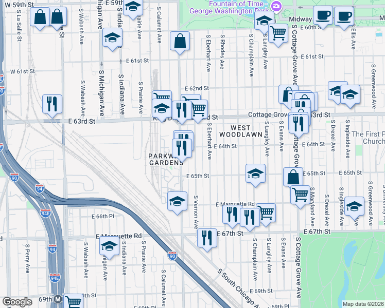 map of restaurants, bars, coffee shops, grocery stores, and more near 6400 South Vernon Avenue in Chicago
