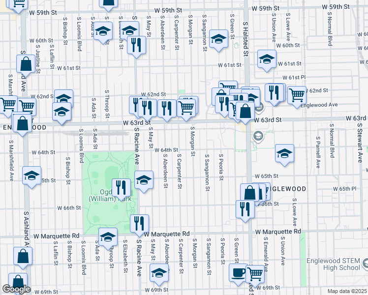 map of restaurants, bars, coffee shops, grocery stores, and more near 6358 South Carpenter Street in Chicago