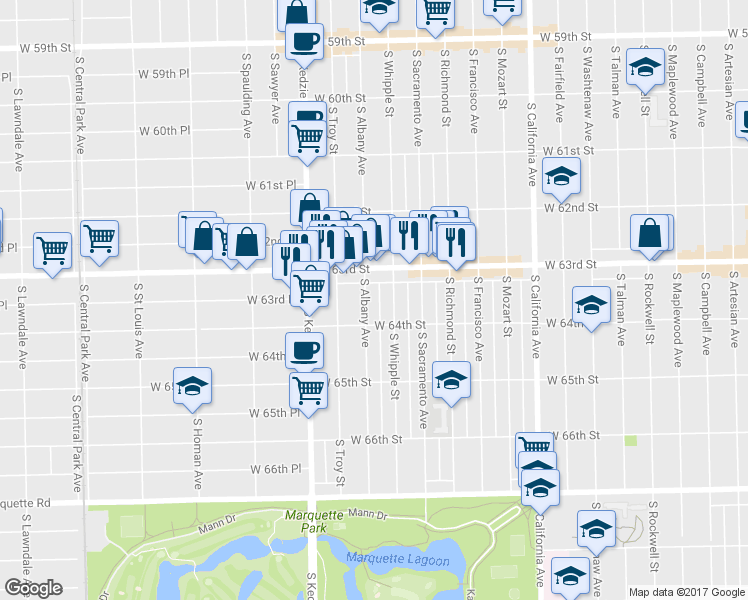 map of restaurants, bars, coffee shops, grocery stores, and more near 6333 S Albany Ave in Chicago