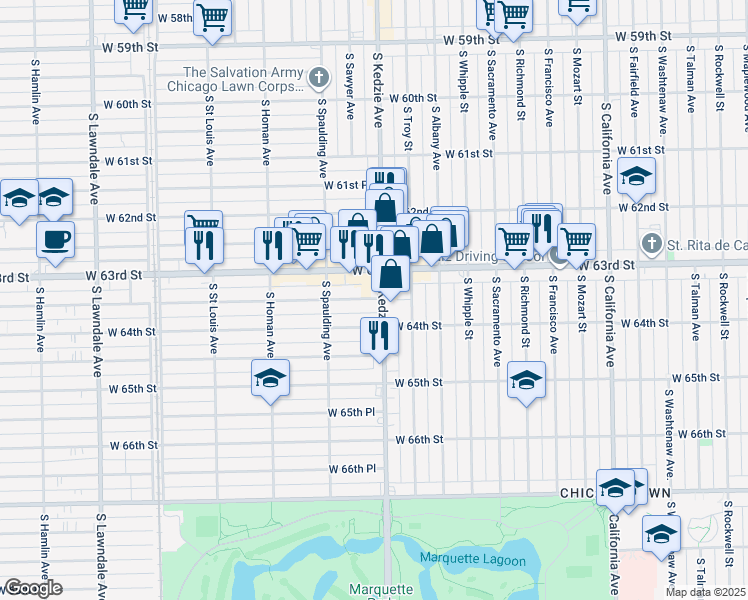 map of restaurants, bars, coffee shops, grocery stores, and more near 3205 West 63rd Place in Chicago