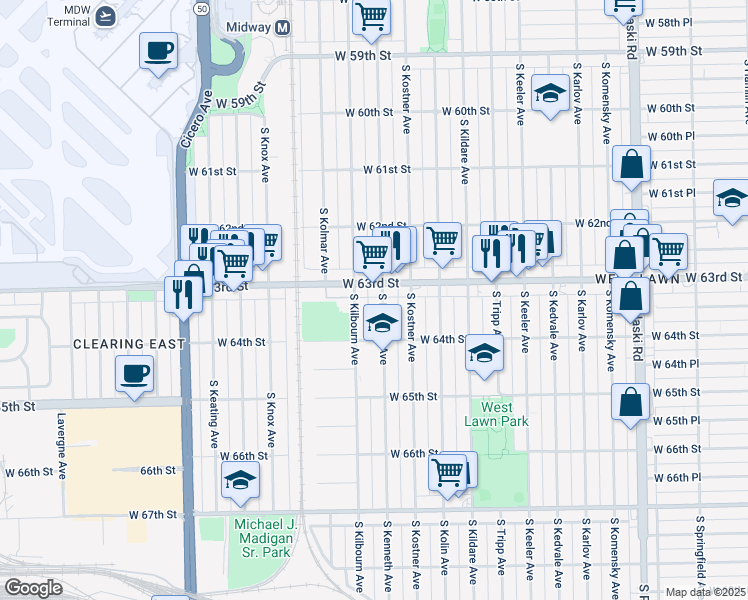 map of restaurants, bars, coffee shops, grocery stores, and more near 6317 South Kenneth Avenue in Chicago