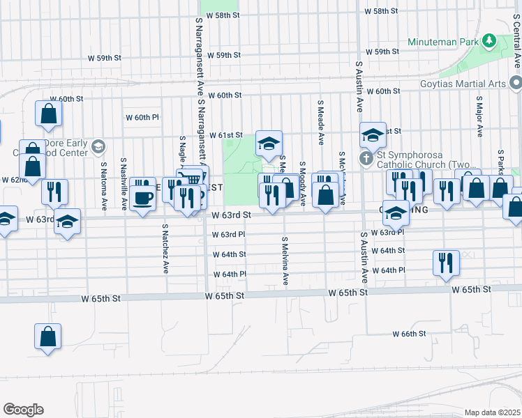 map of restaurants, bars, coffee shops, grocery stores, and more near 6248 West 63rd Street in Chicago