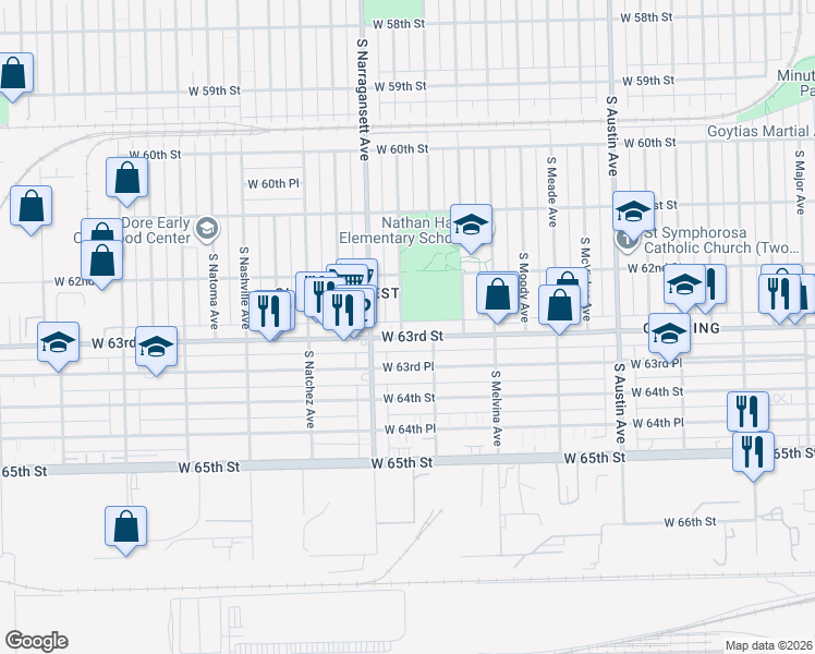 map of restaurants, bars, coffee shops, grocery stores, and more near 6324 West 63rd Street in Chicago