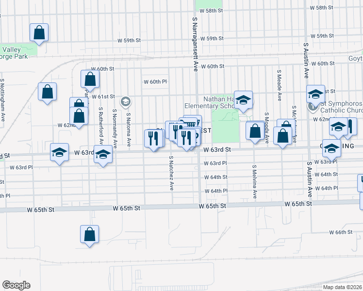 map of restaurants, bars, coffee shops, grocery stores, and more near 6434 West 63rd Street in Chicago