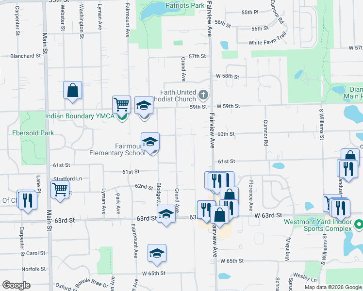 map of restaurants, bars, coffee shops, grocery stores, and more near 6014 Grand Avenue in Downers Grove