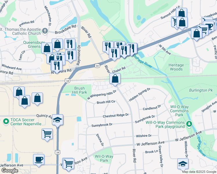 map of restaurants, bars, coffee shops, grocery stores, and more near 1318 Crabapple Court in Naperville