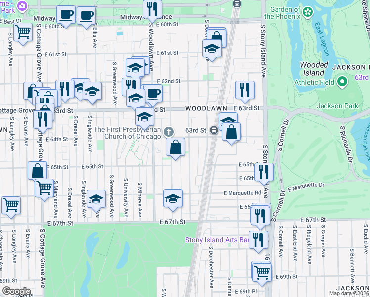map of restaurants, bars, coffee shops, grocery stores, and more near 6423 South Kimbark Avenue in Chicago