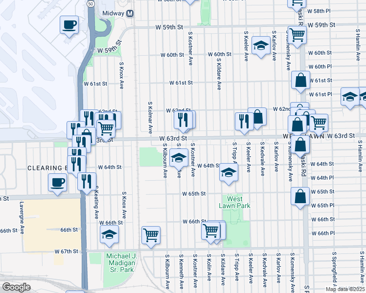 map of restaurants, bars, coffee shops, grocery stores, and more near 6317 South Kenneth Avenue in Chicago