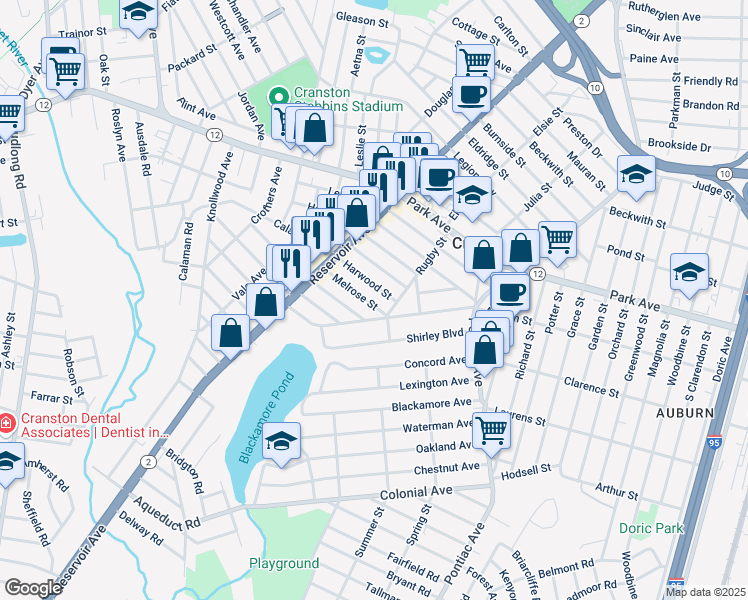 map of restaurants, bars, coffee shops, grocery stores, and more near 23 Melrose St in Cranston