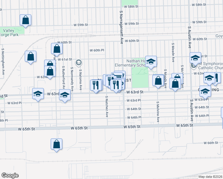 map of restaurants, bars, coffee shops, grocery stores, and more near 6442 West 63rd Street in Chicago