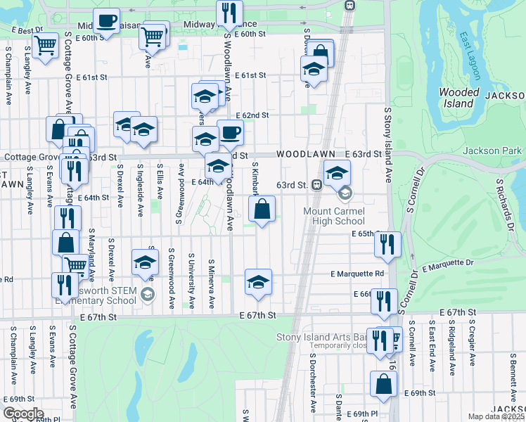 map of restaurants, bars, coffee shops, grocery stores, and more near 6423 South Kimbark Avenue in Chicago