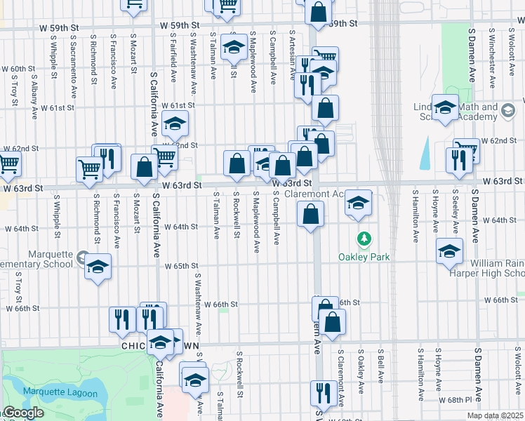 map of restaurants, bars, coffee shops, grocery stores, and more near 6339 S Maplewood Ave in Chicago