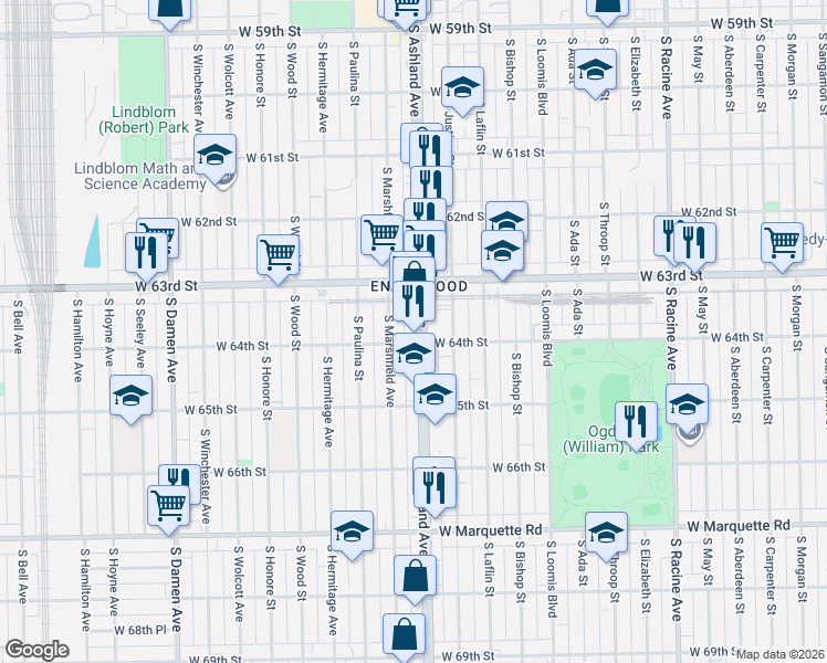 map of restaurants, bars, coffee shops, grocery stores, and more near 6340 South Ashland Avenue in Chicago