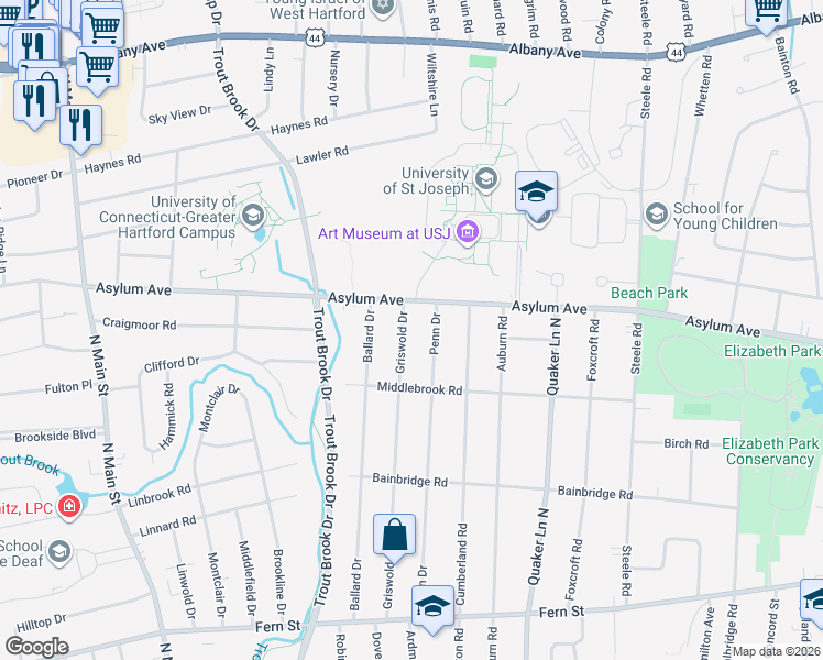 map of restaurants, bars, coffee shops, grocery stores, and more near 246 Griswold Drive in West Hartford