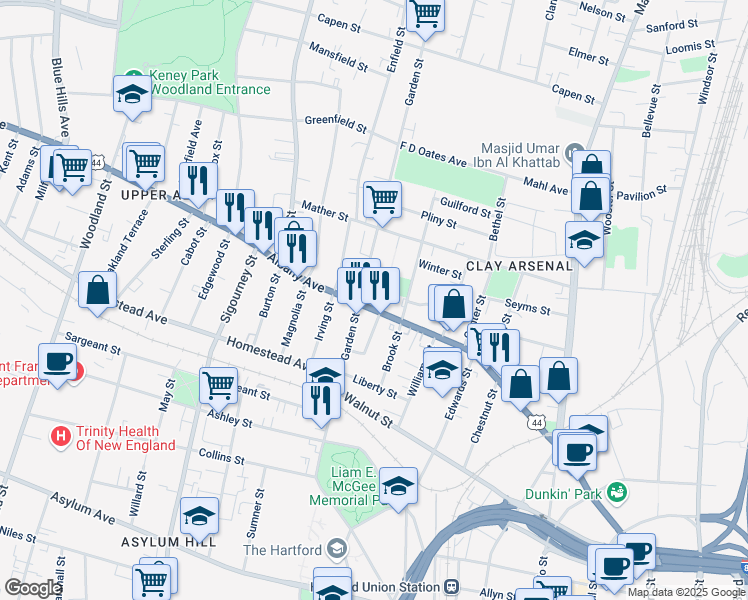 map of restaurants, bars, coffee shops, grocery stores, and more near 498-500 Albany Avenue in Hartford