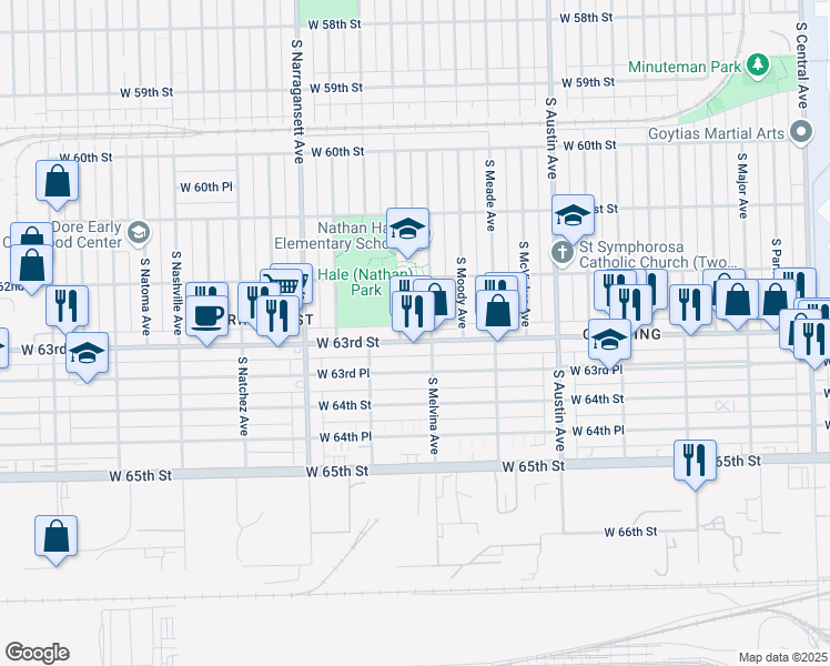 map of restaurants, bars, coffee shops, grocery stores, and more near 6214 W 63rd St in Chicago
