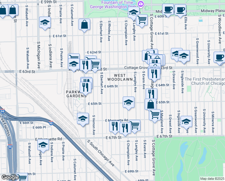 map of restaurants, bars, coffee shops, grocery stores, and more near 6415 South Rhodes Avenue in Chicago