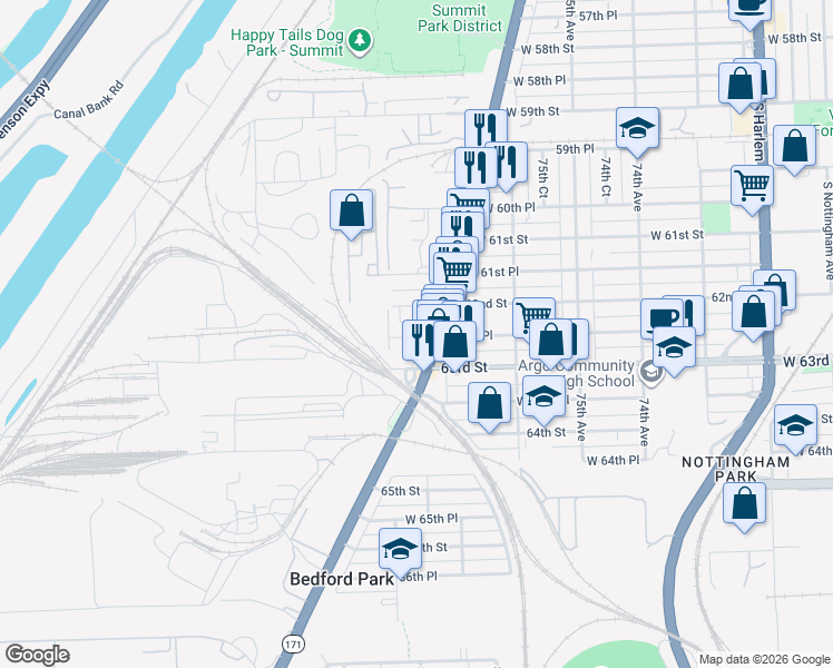 map of restaurants, bars, coffee shops, grocery stores, and more near 7722 62nd Place in Summit