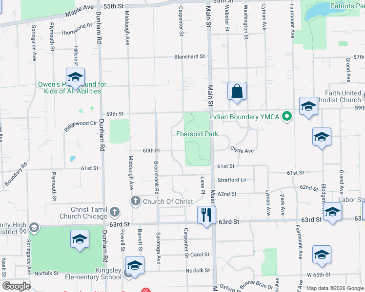 map of restaurants, bars, coffee shops, grocery stores, and more near 1100 60th Place in Downers Grove